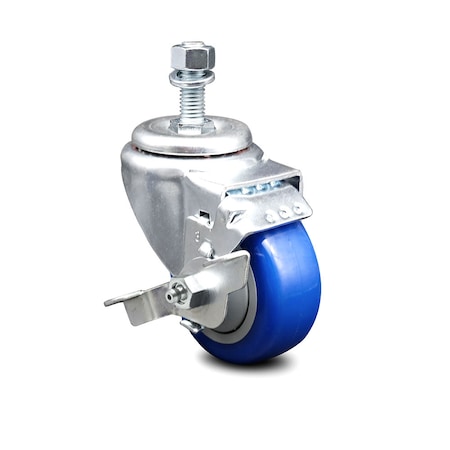 Service Caster 3 Inch Blue Polyurethane Wheel Swivel 1/2 Inch Threaded Stem Caster with Brake SCC-TS20S314-PPUB-BLUE-TLB-121315